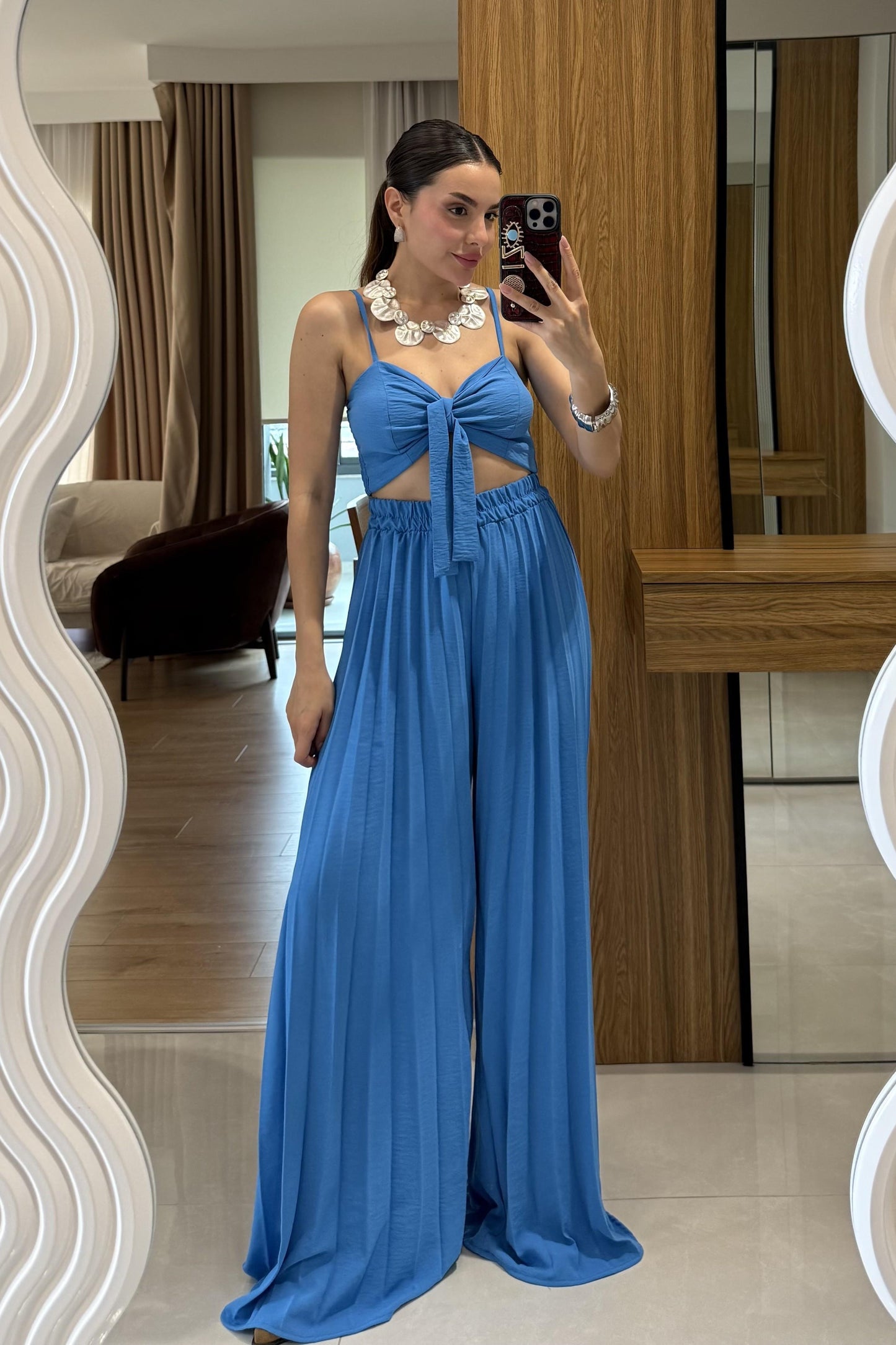 Agnes Mavi Crop Pantolon Takım