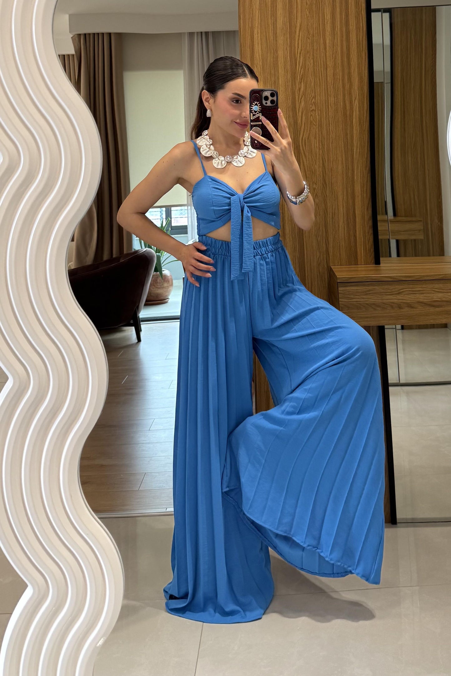 Agnes Mavi Crop Pantolon Takım