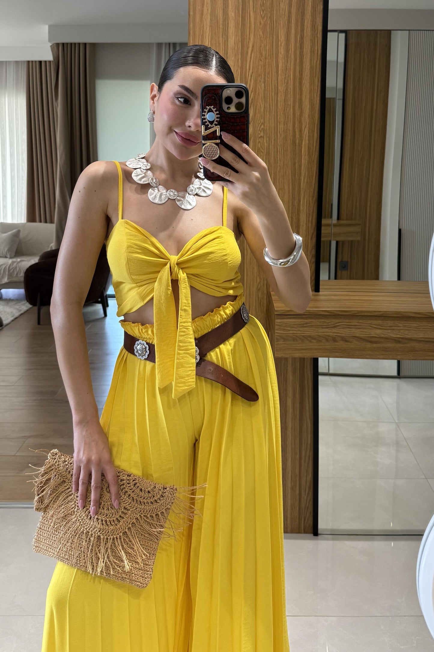 Agnes Sarı Crop Pantolon Takım
