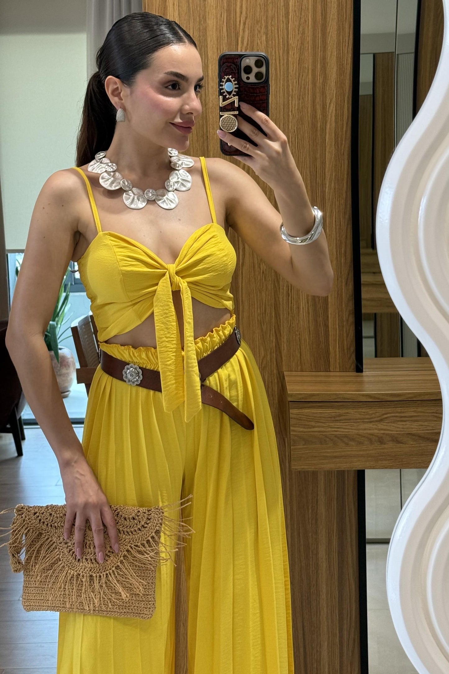 Agnes Sarı Crop Pantolon Takım