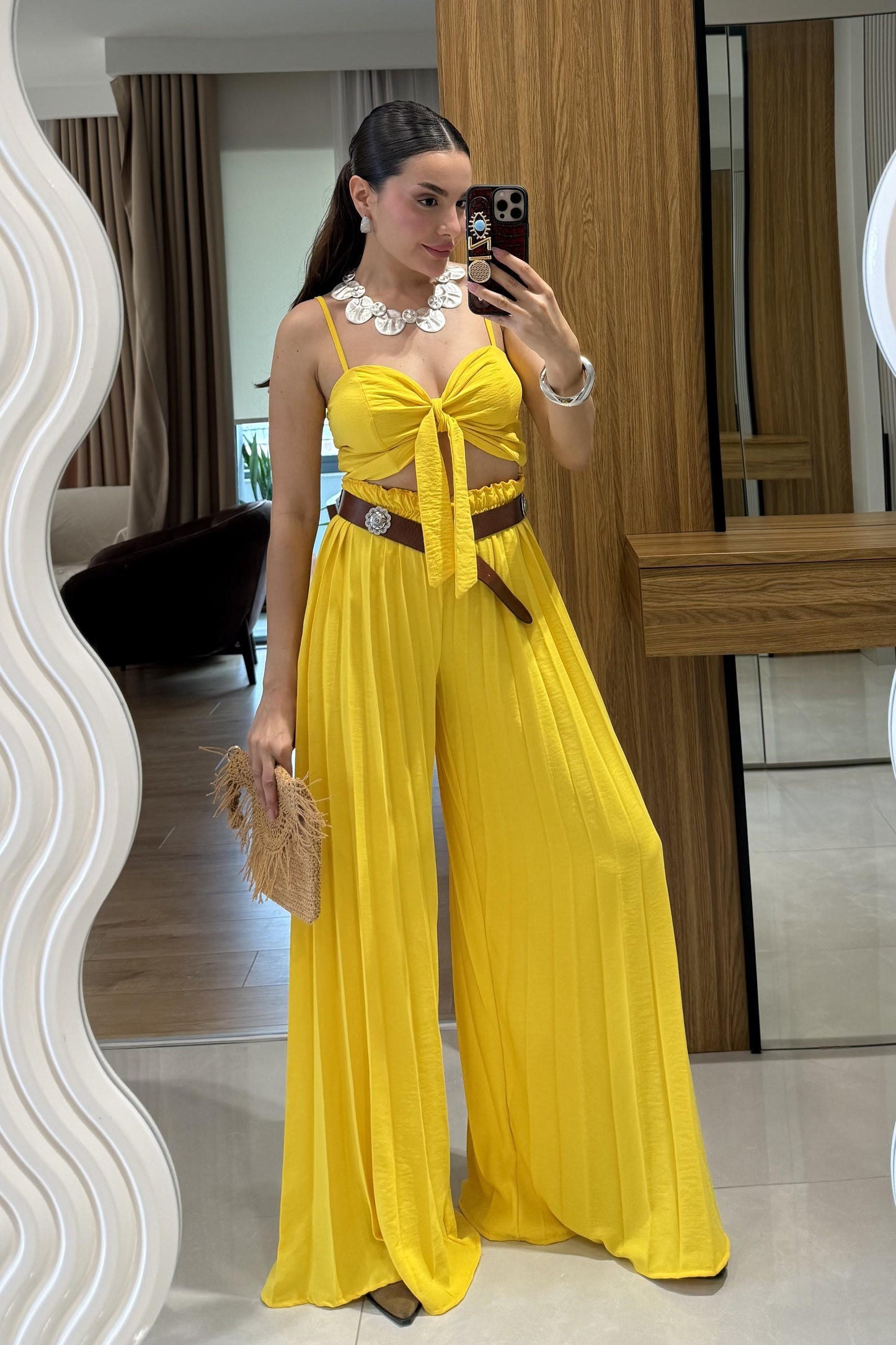 Agnes Sarı Crop Pantolon Takım