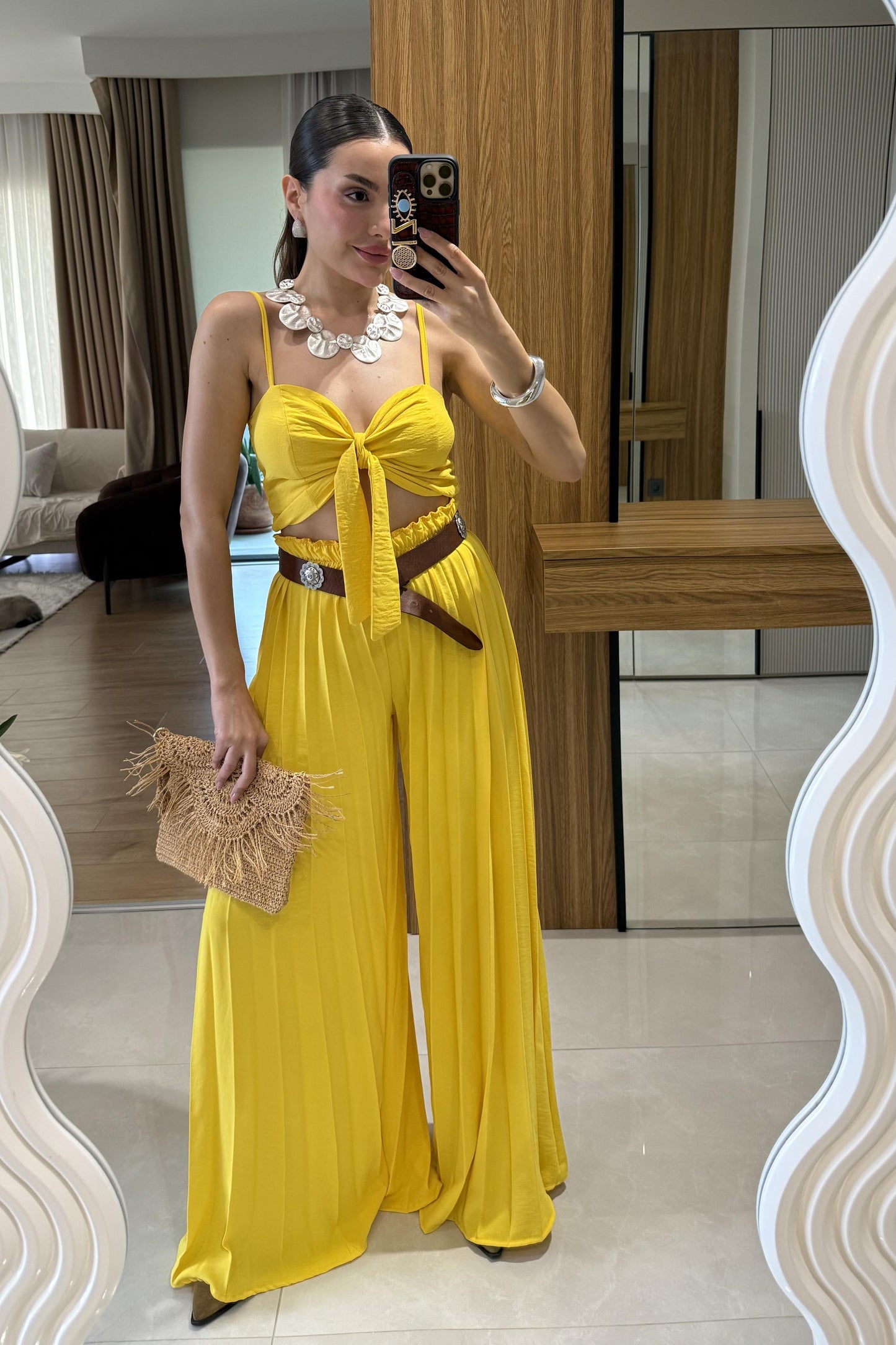 Agnes Sarı Crop Pantolon Takım