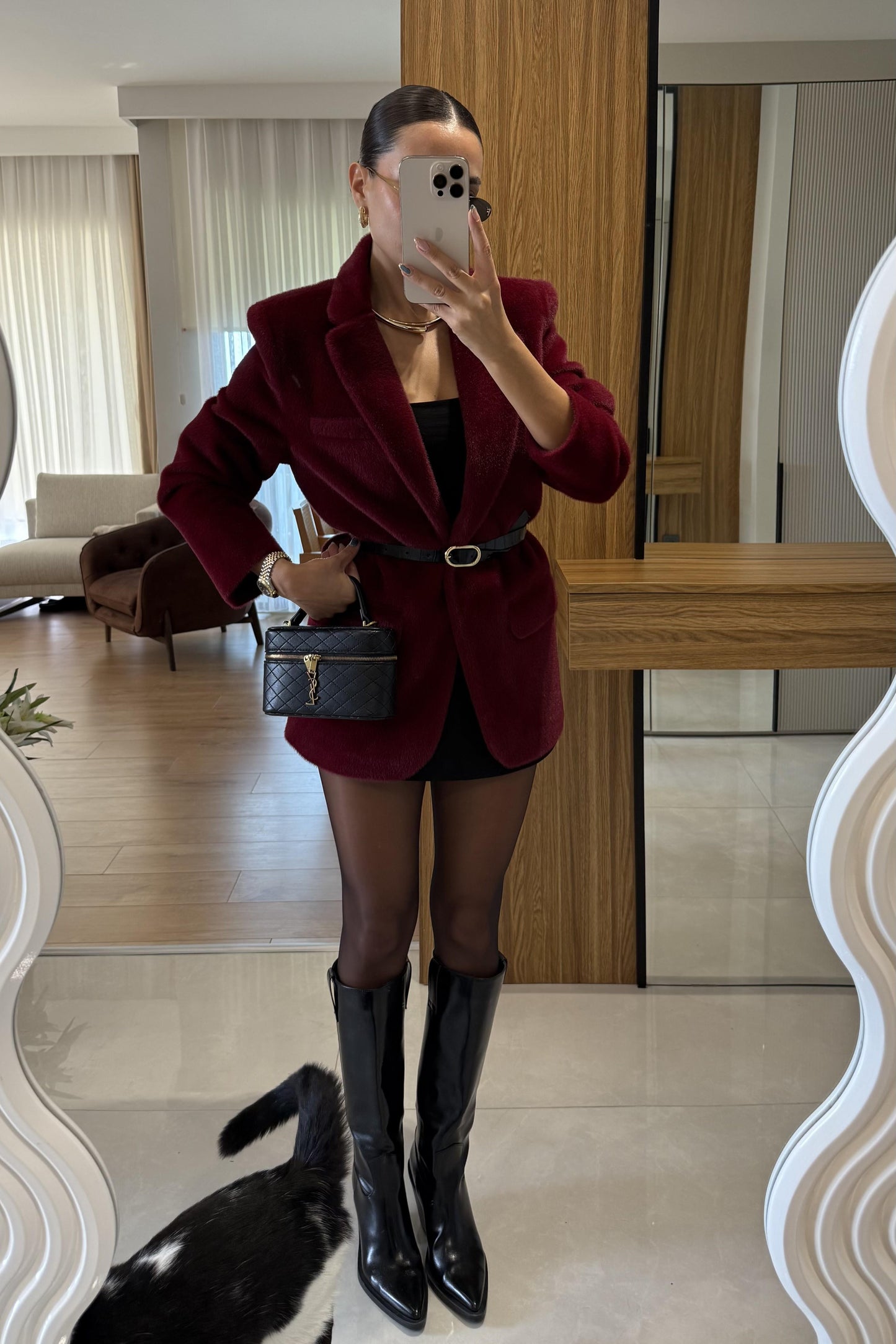 Aisha Bordo Dokulu Premium Kemerli Blazer