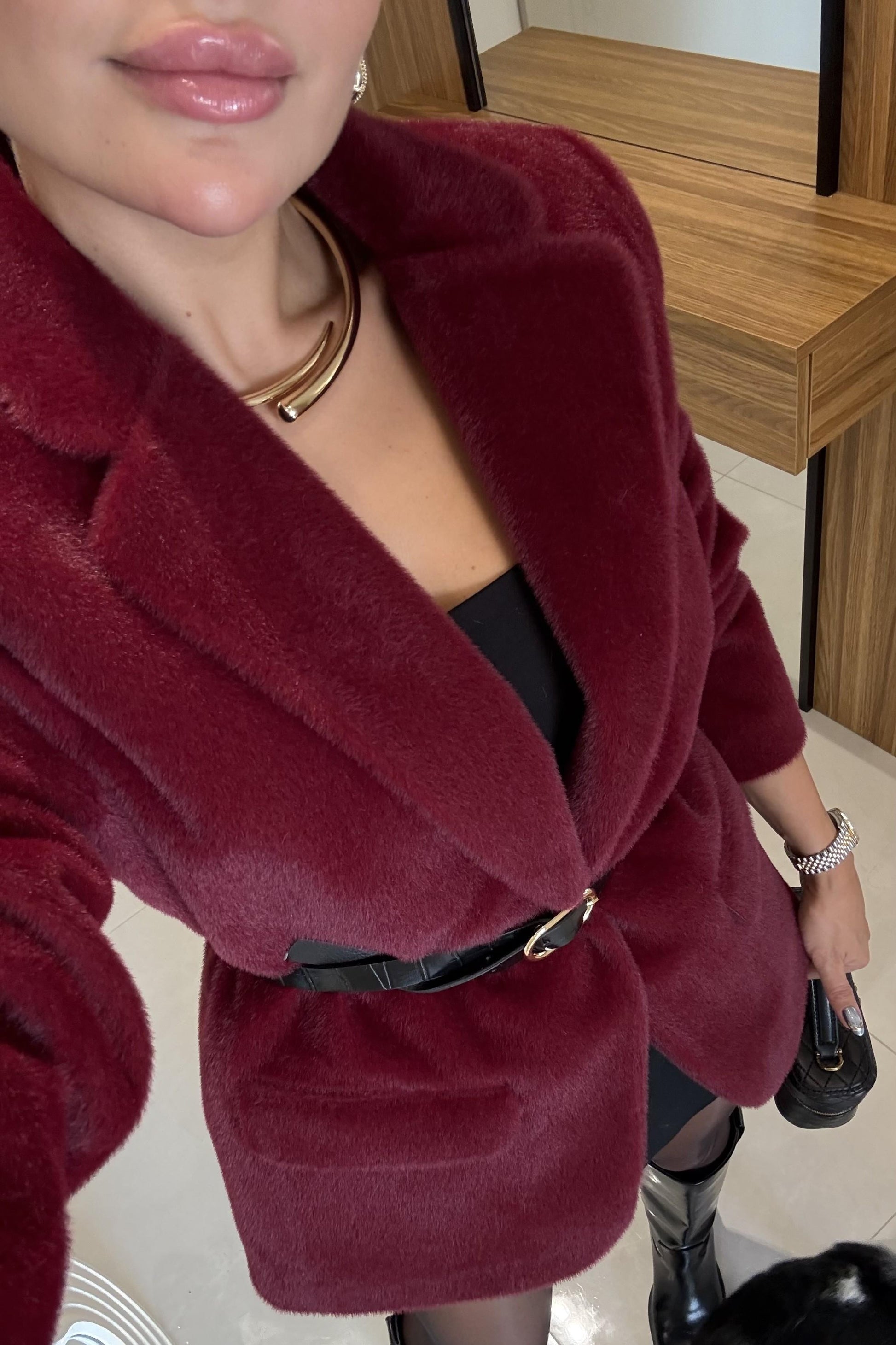 Aisha Bordo Dokulu Premium Kemerli Blazer