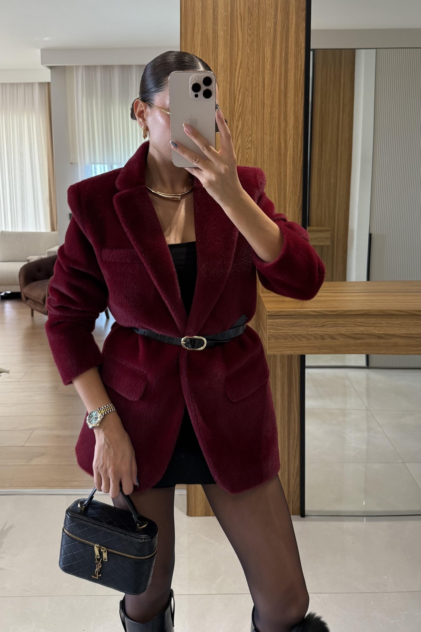 Aisha Bordo Dokulu Premium Kemerli Blazer