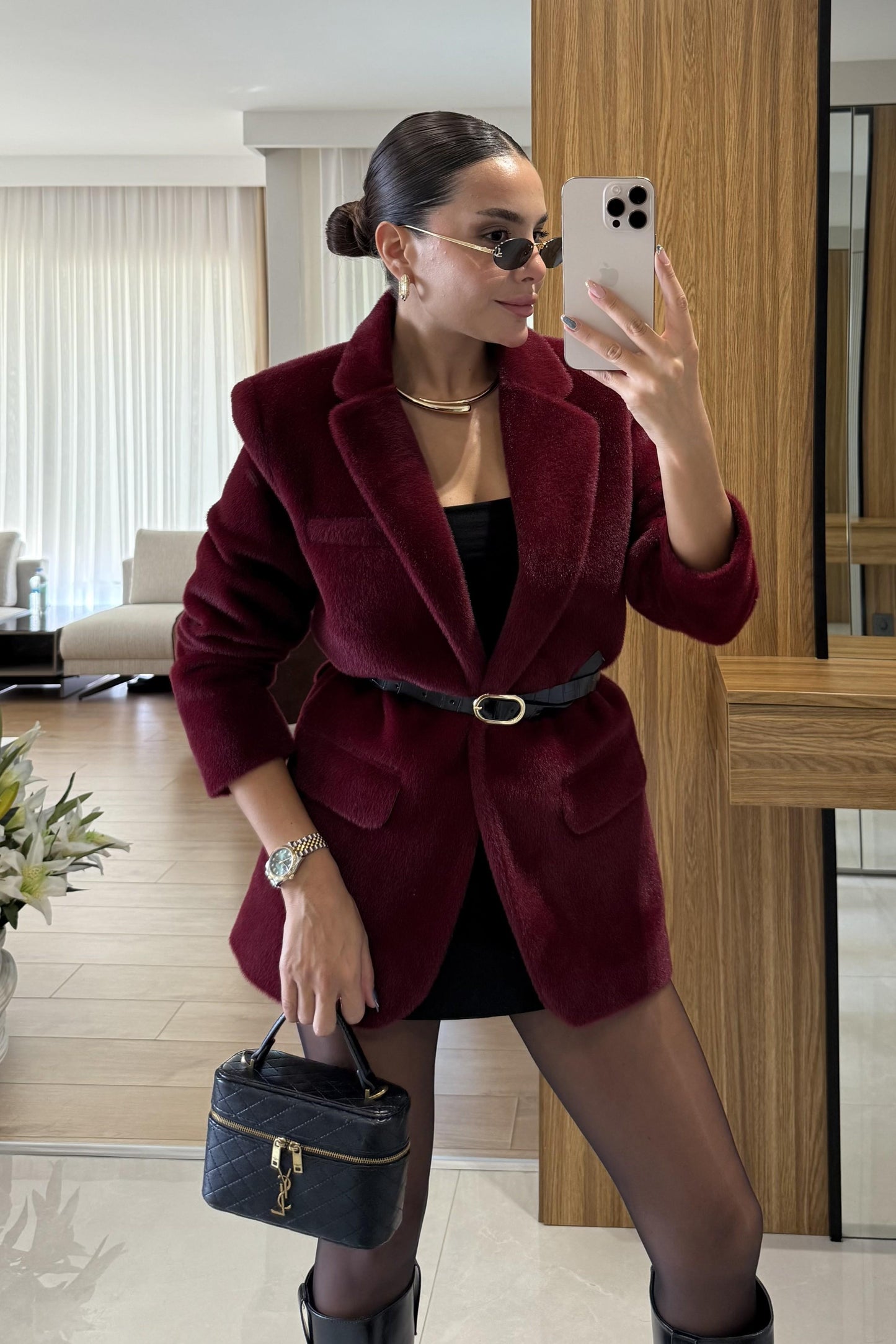 Aisha Bordo Dokulu Premium Kemerli Blazer