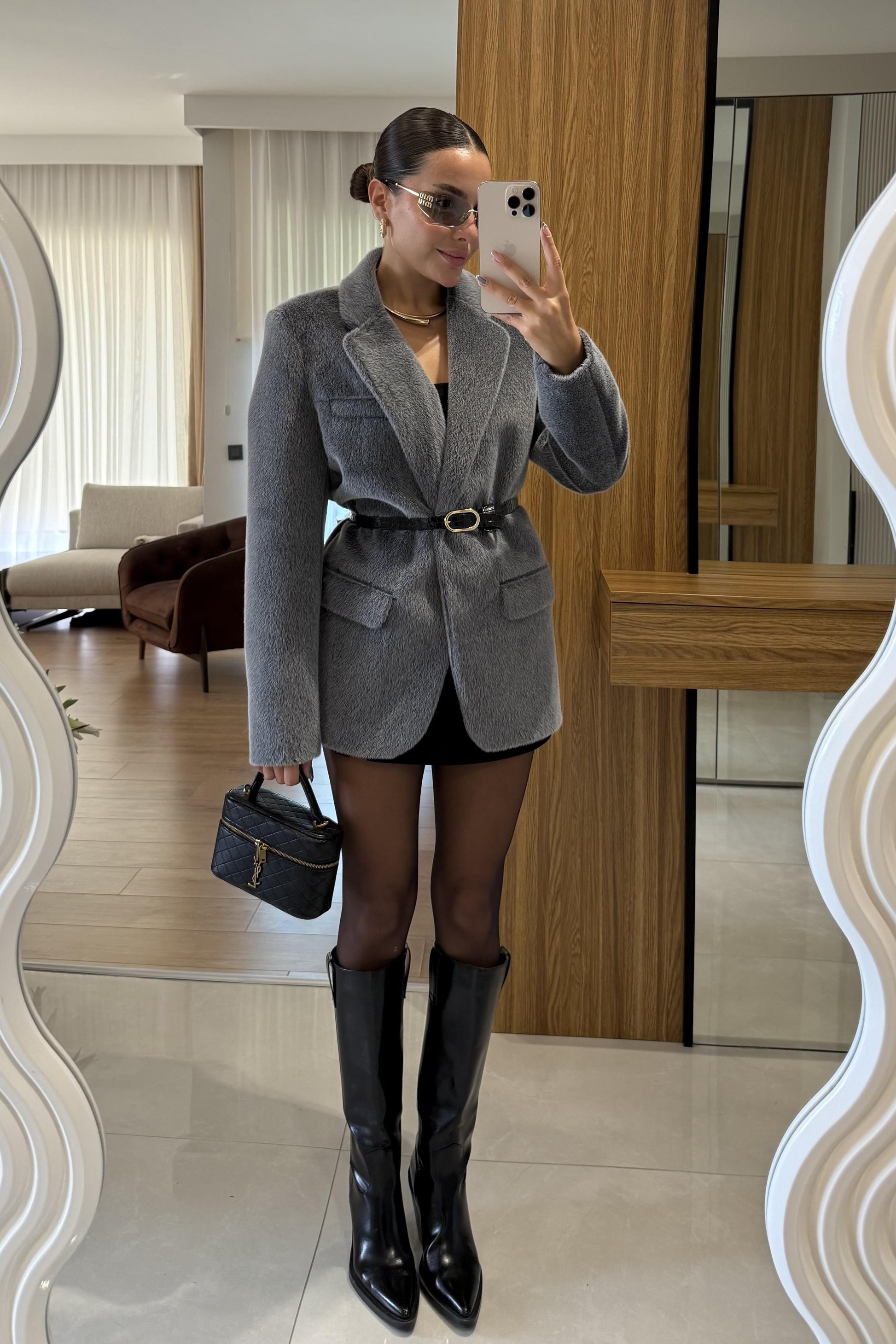 Aisha Gri Dokulu Premium Kemerli Blazer