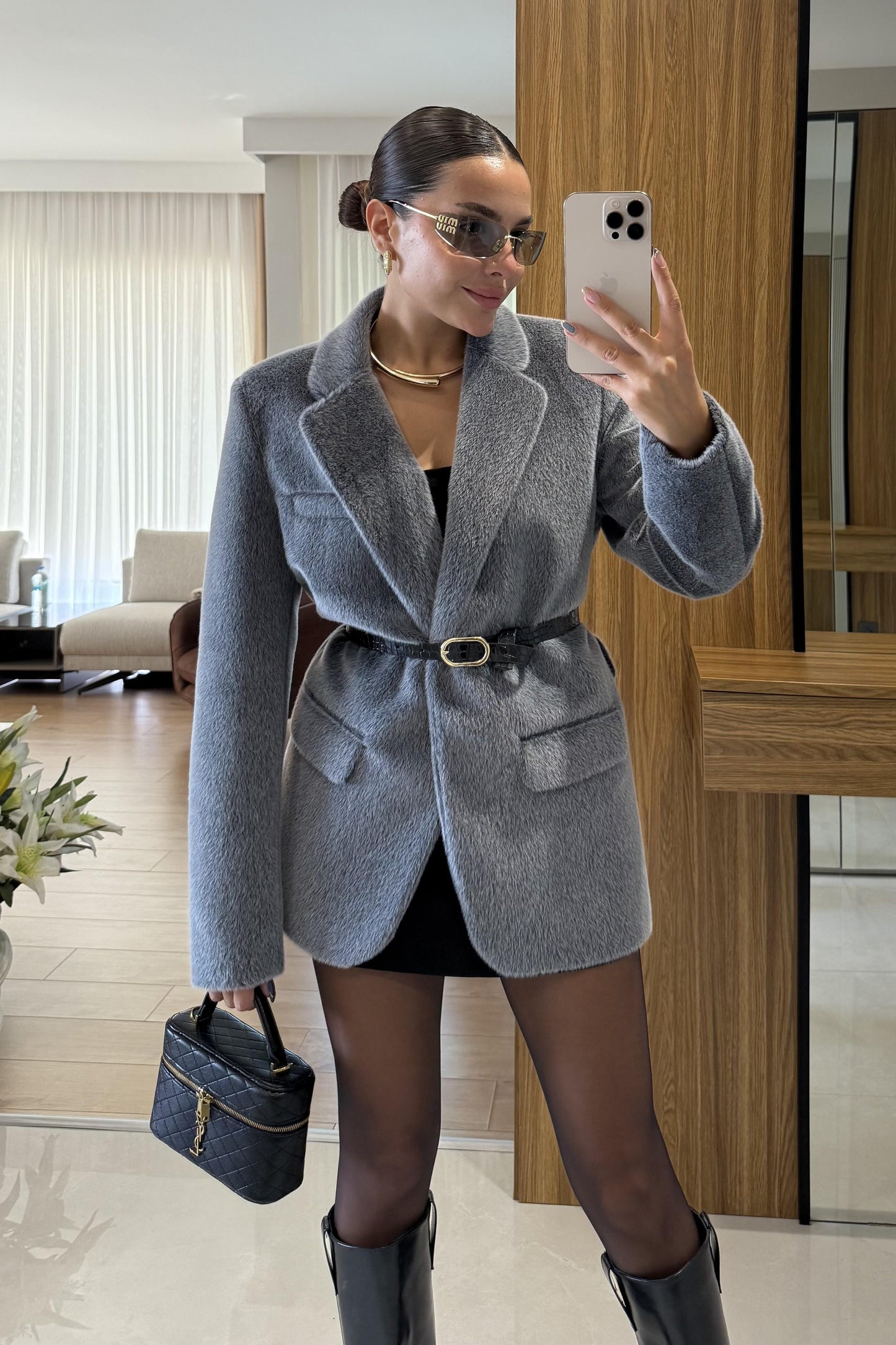 Aisha Gri Dokulu Premium Kemerli Blazer