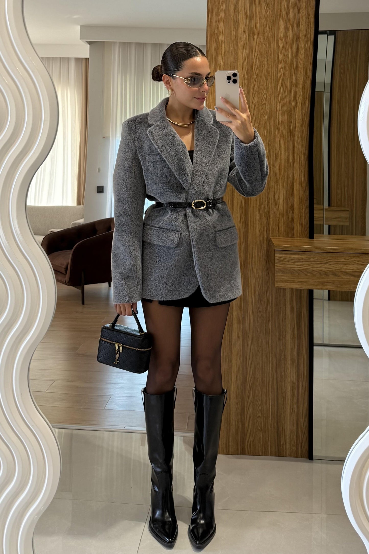 Aisha Gri Dokulu Premium Kemerli Blazer