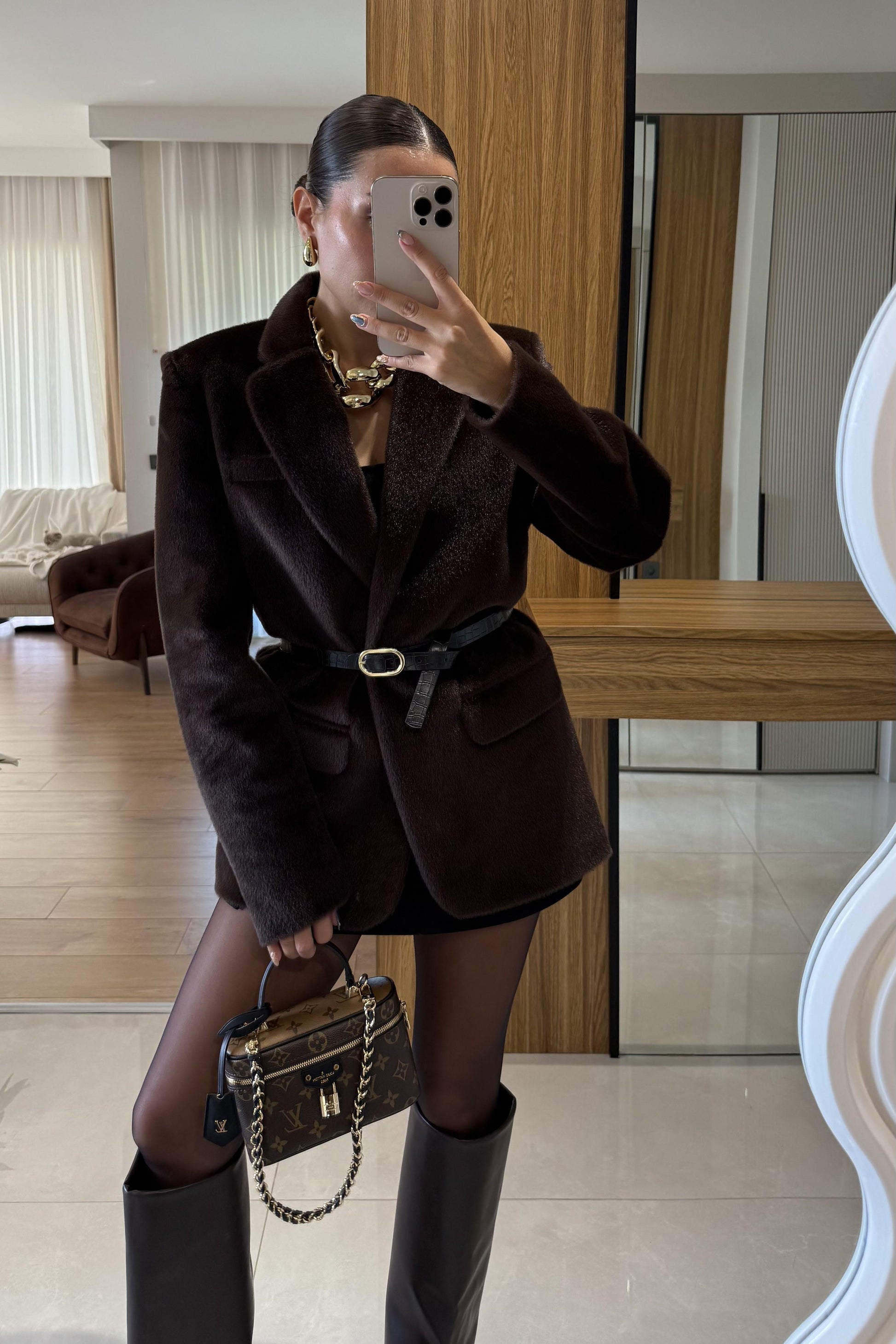 Aisha Kahve Dokulu Premium Kemerli Blazer