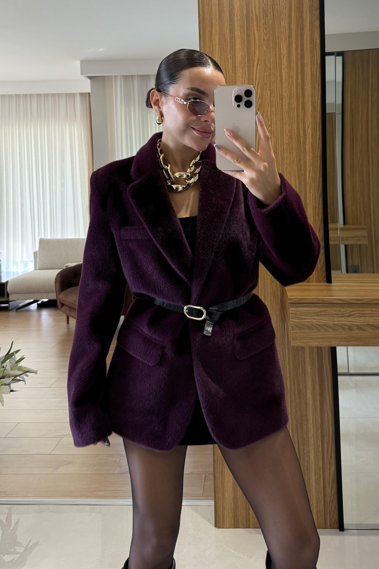 Aisha Mor Dokulu Premium Kemerli Blazer