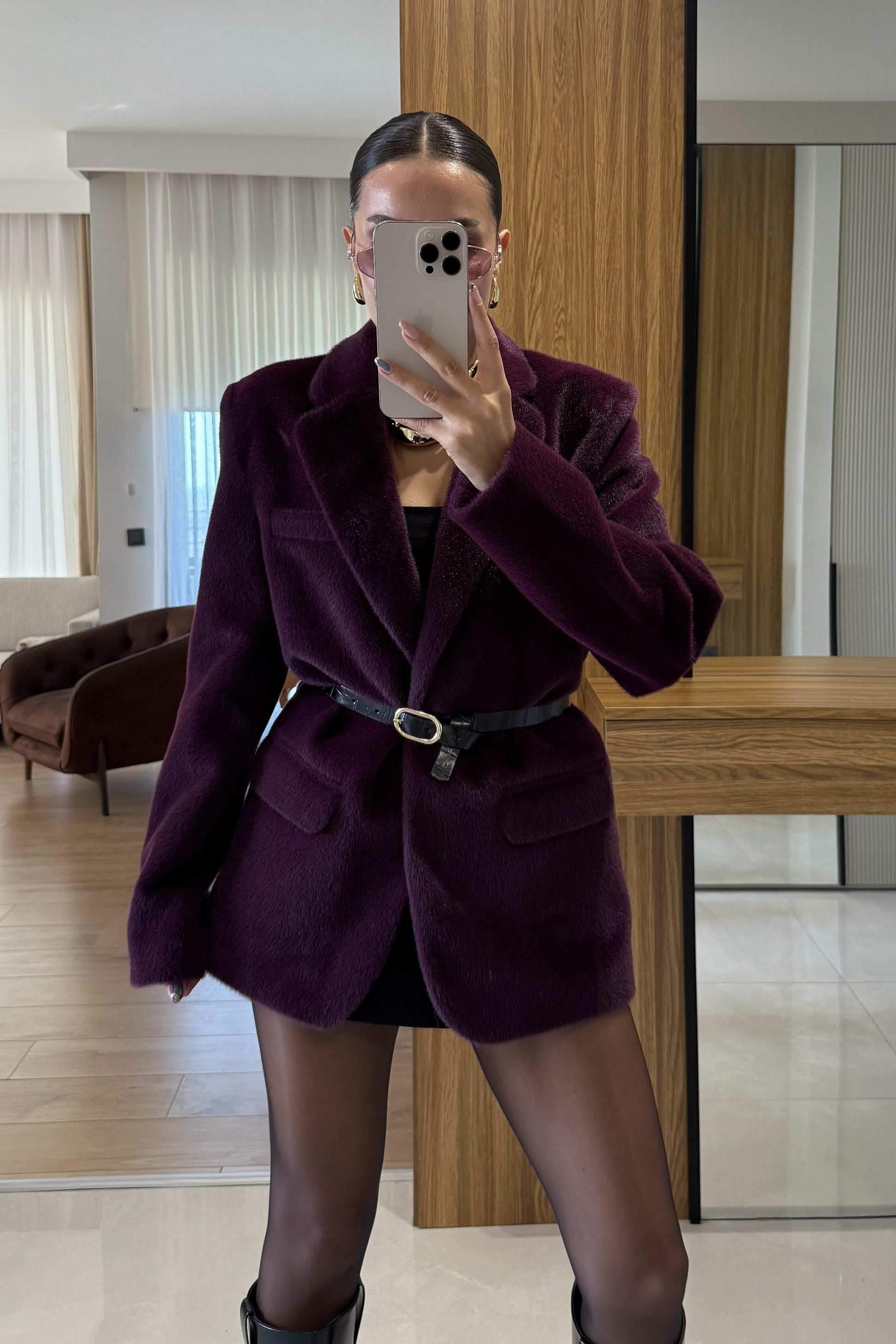 Aisha Mor Dokulu Premium Kemerli Blazer