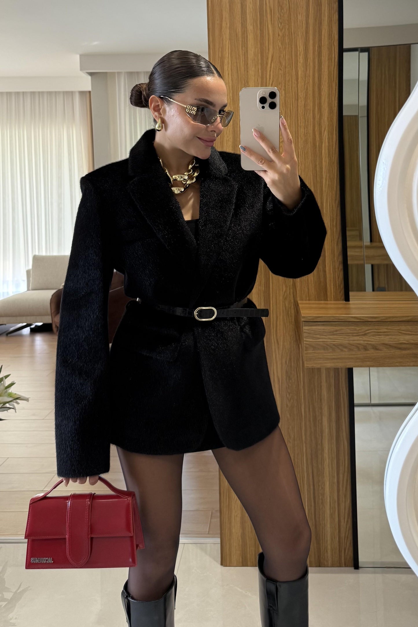 Aisha Siyah Dokulu Premium Kemerli Blazer