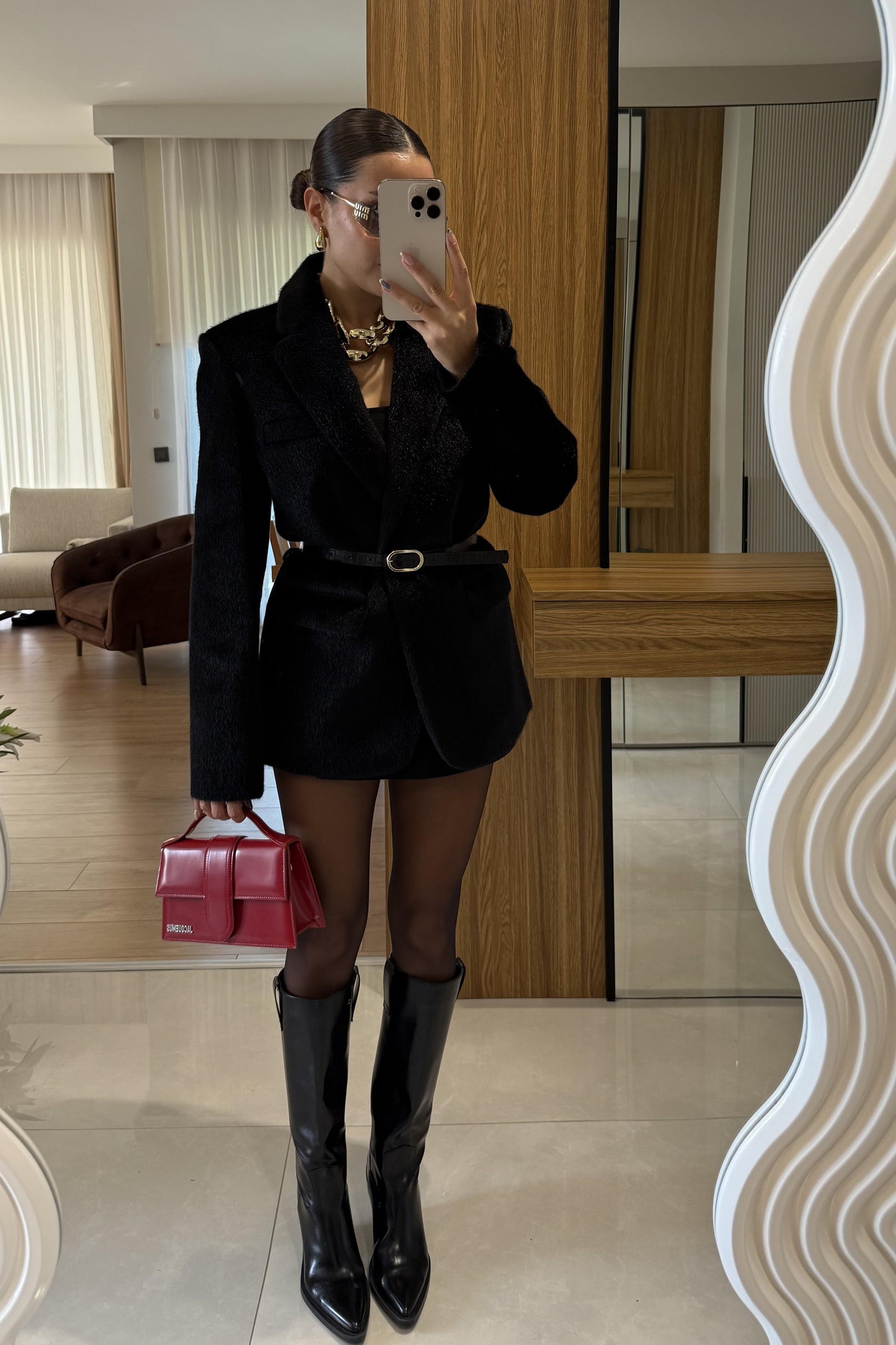 Aisha Siyah Dokulu Premium Kemerli Blazer