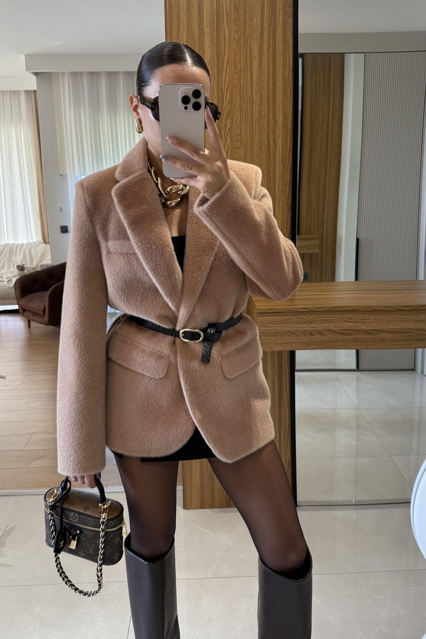 Aisha Camel Dokulu Premium Kemerli Blazer