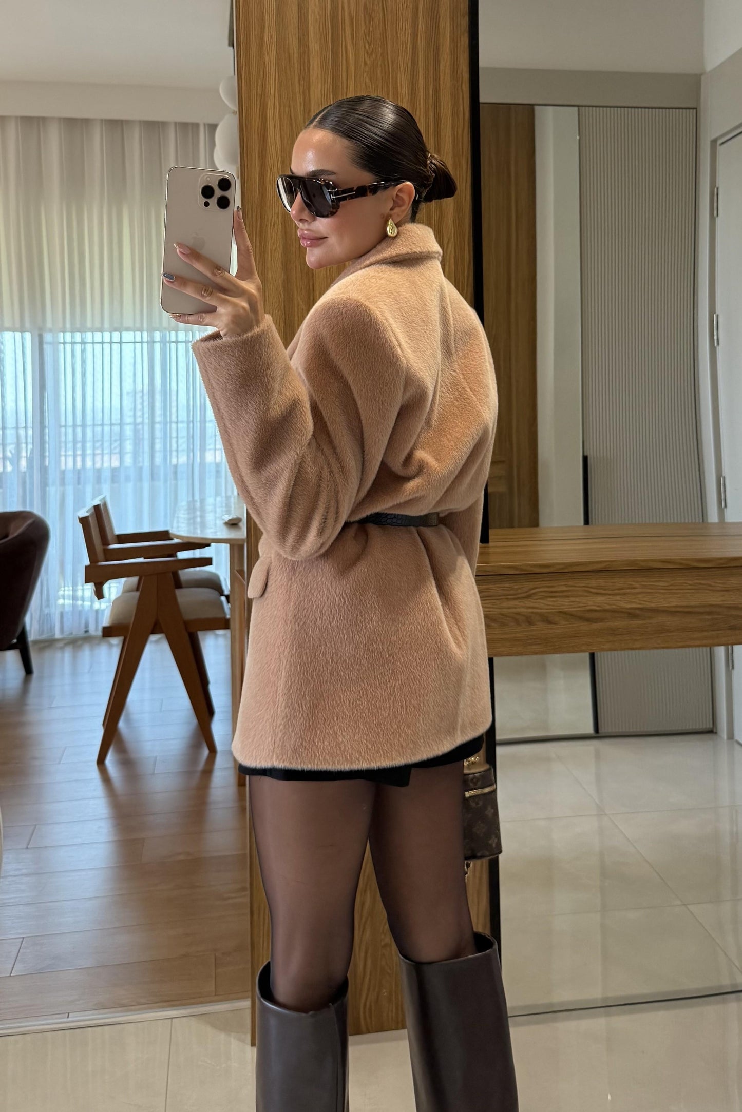 Aisha Camel Dokulu Premium Kemerli Blazer