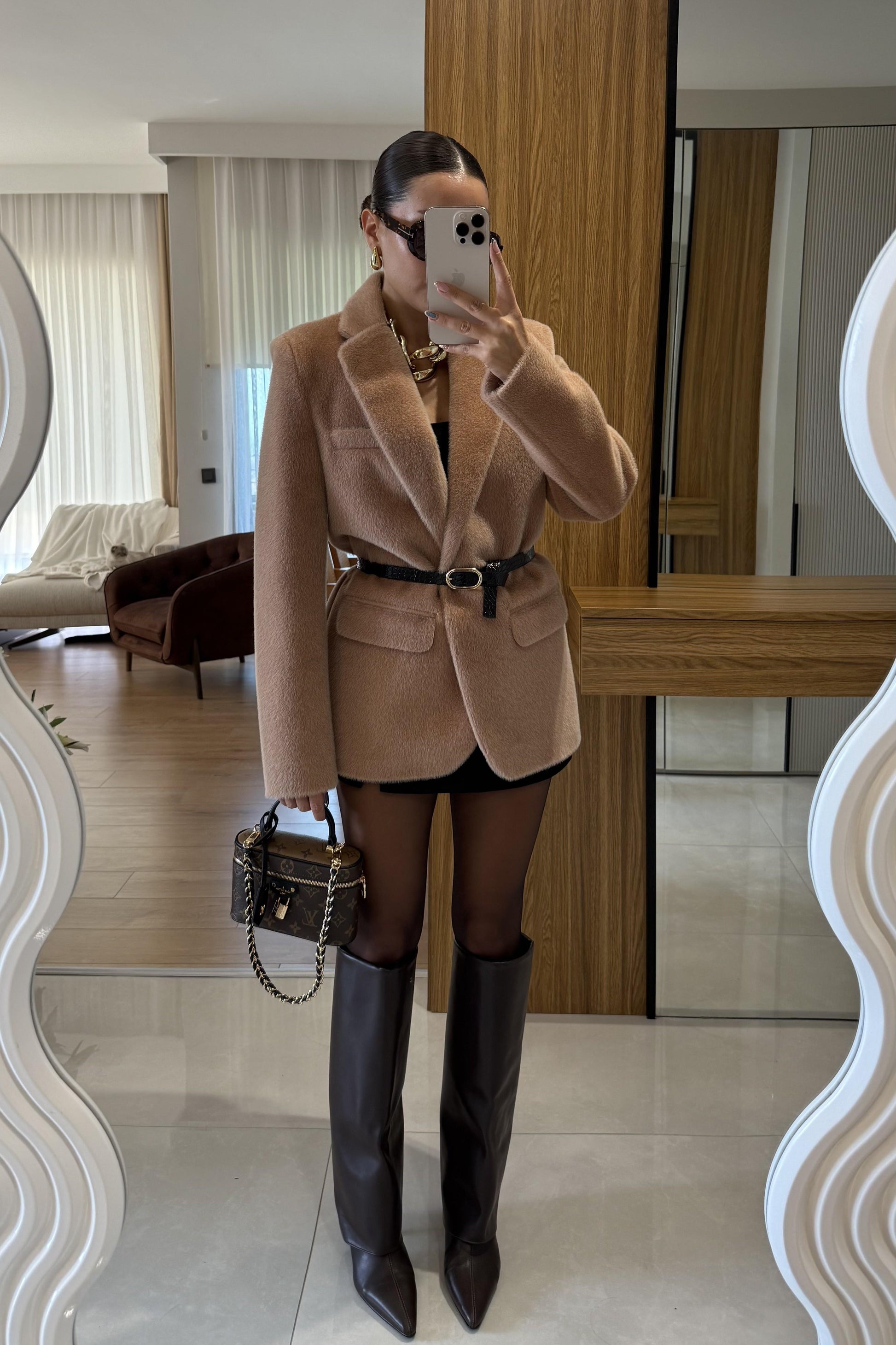Aisha Camel Dokulu Premium Kemerli Blazer