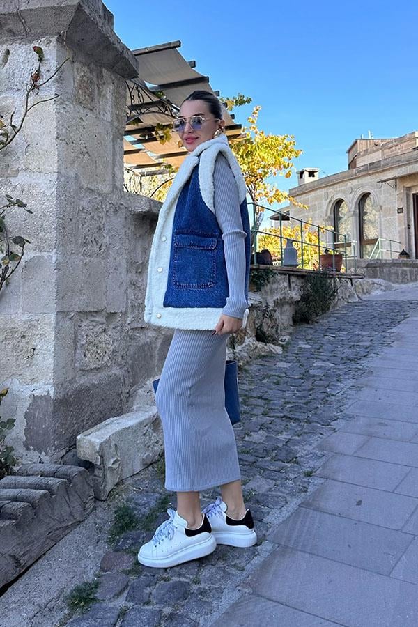 Alena Uzun Kollu Polo Yaka Elbise - Gri