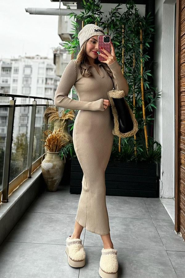 Alena Uzun Kollu Polo Yaka Elbise - Taş