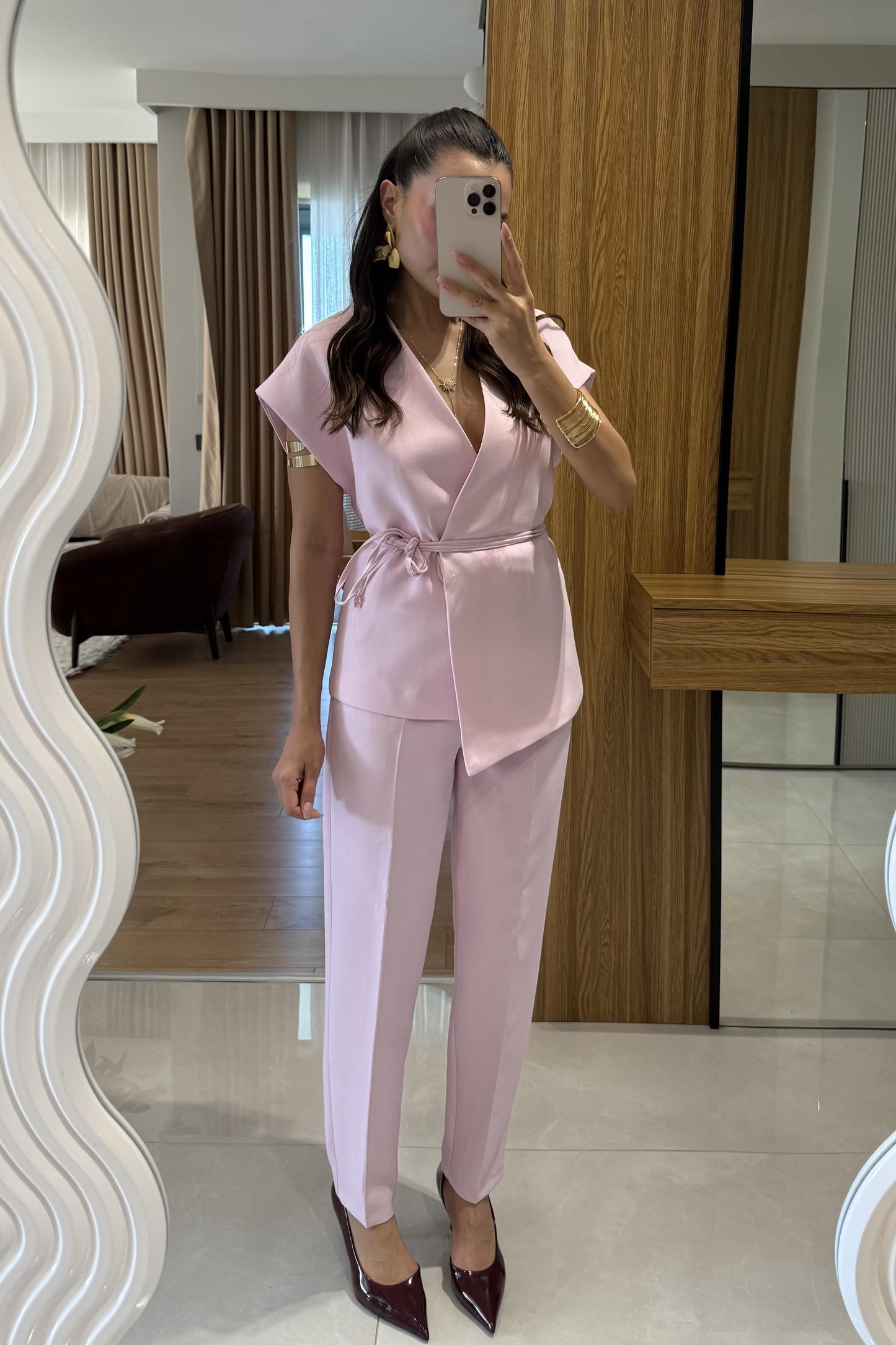Alenya Şeker Pembe Yelekli Kuşaklı Takım