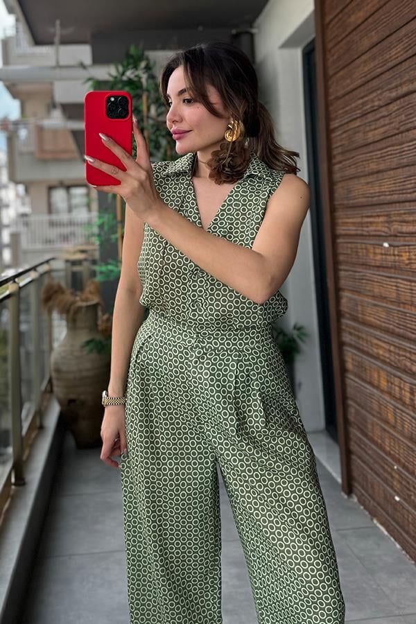 Alesha Desenli Pantolon Yelek Keten Takım