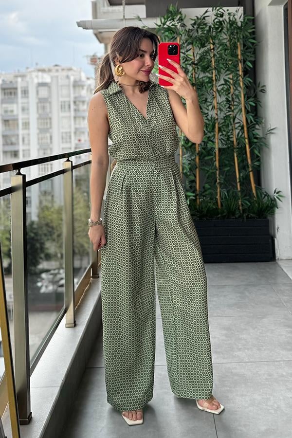 Alesha Desenli Pantolon Yelek Keten Takım