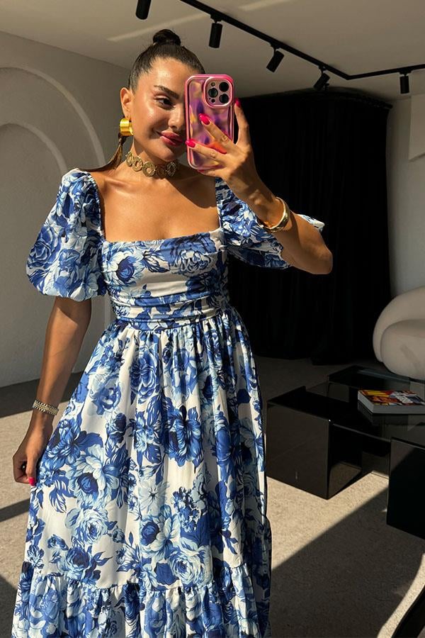 Alina Mavi Çiçekli Karpuz Kol Elbise