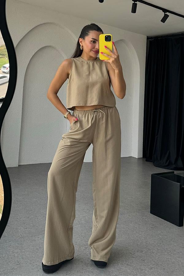 Aliza Bağlamalı Çizgili Tensel Takım-Camel