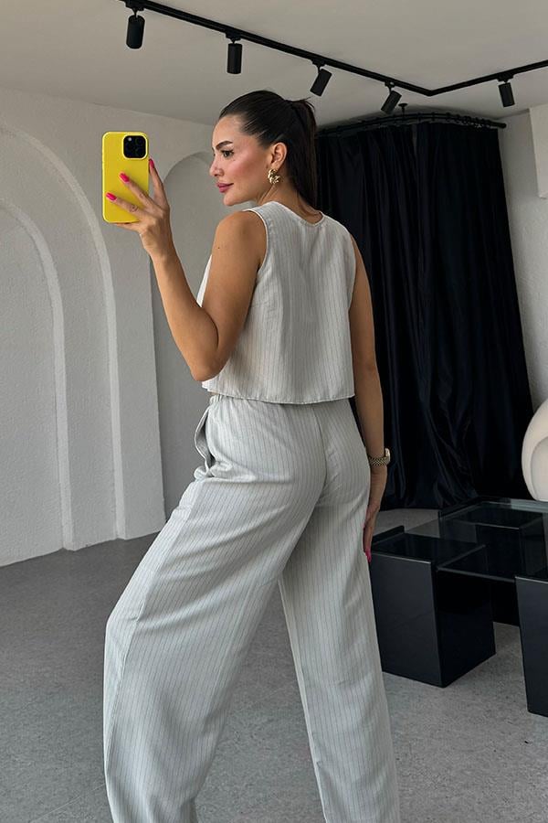 Aliza Bağlamalı Çizgili Tensel Takım-Gri