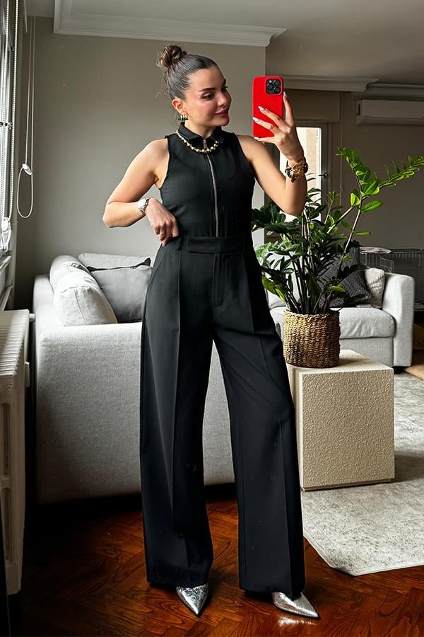 Allison Fermuarlı Body Pantolon Takım - Siyah