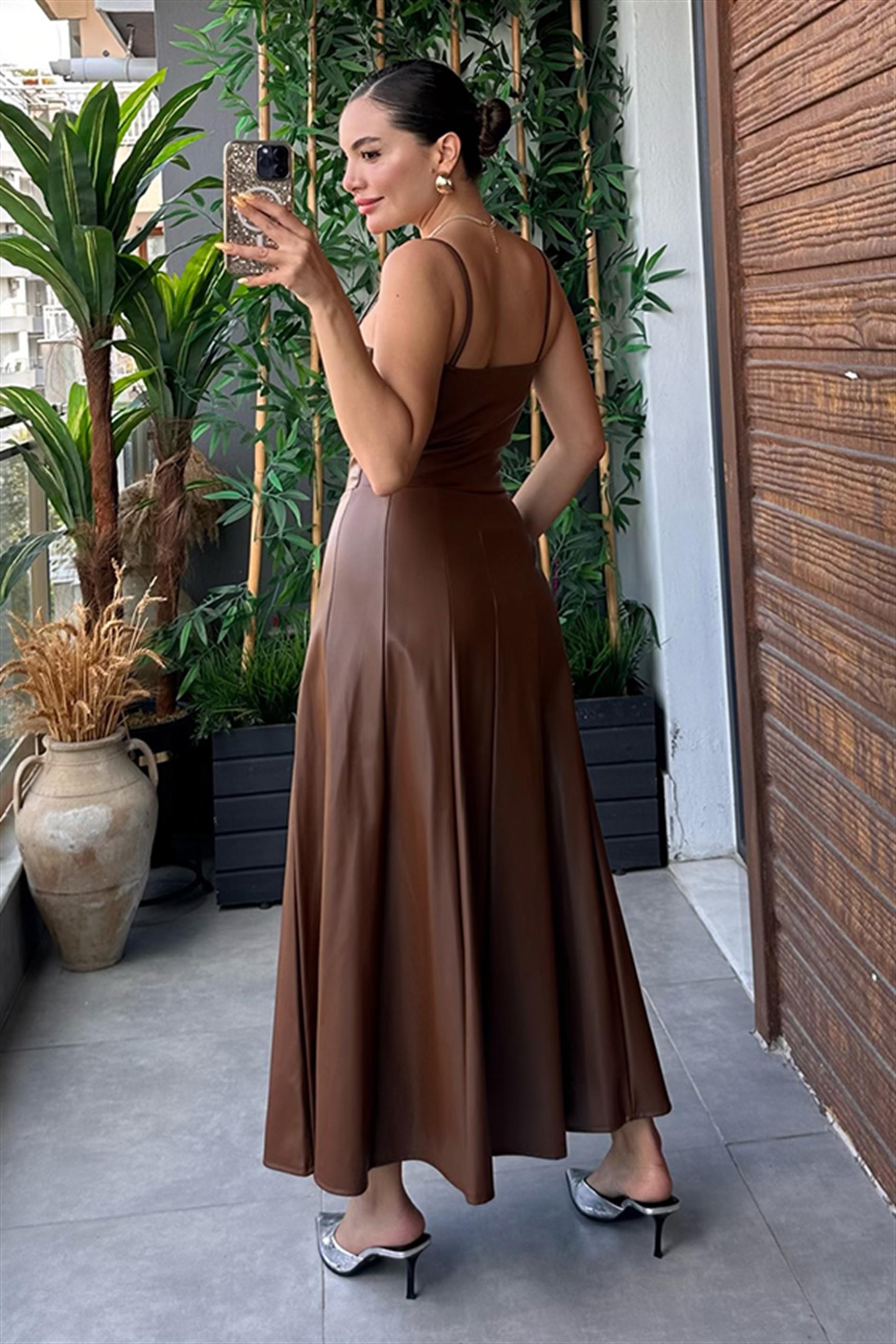 Aloha Kahve Deri Maxi Elbise