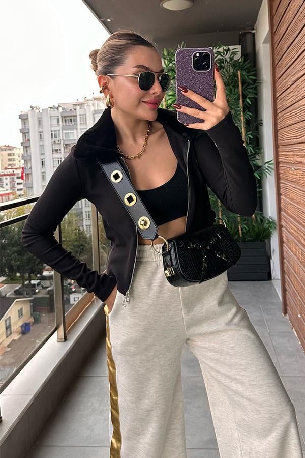 Alone Yakası Peluşlu Siyah Ceket