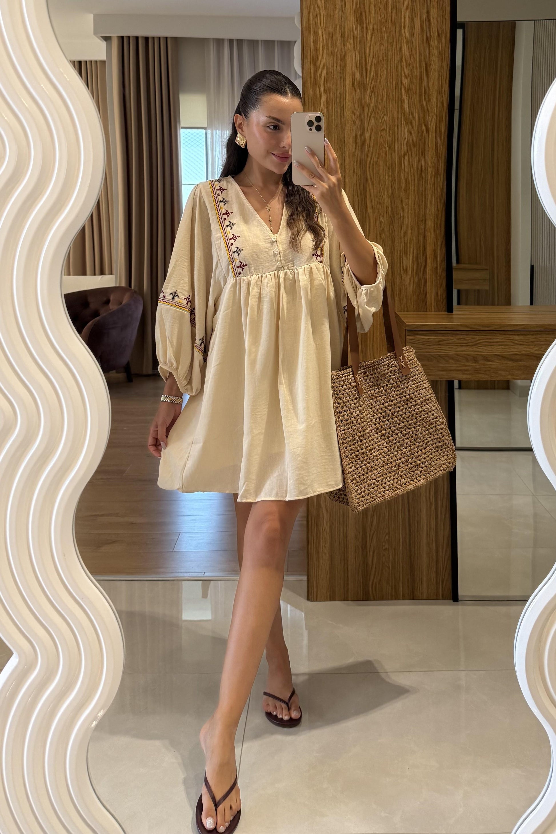 Ambrose Keten İşlemeli Mini Elbise