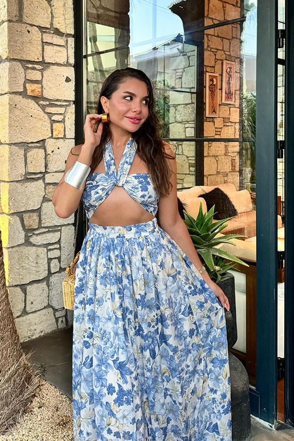 Amella Mavi Çiçekli Etekli Crop Takım