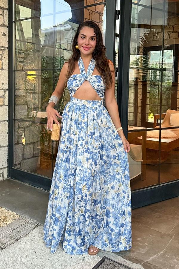 Amella Mavi Çiçekli Etekli Crop Takım