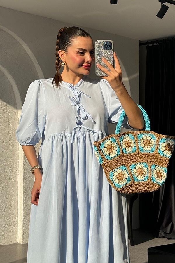 Amina Kurdele Detaylı Elbise-Bebe Mavi