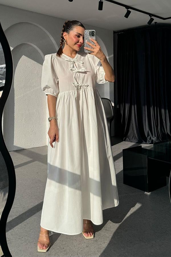 Amina Kurdele Detaylı Elbise-Beyaz