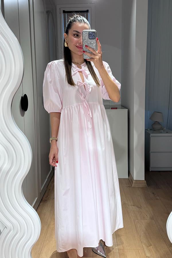 Amina Kurdele Detaylı Toz Pembe Elbise