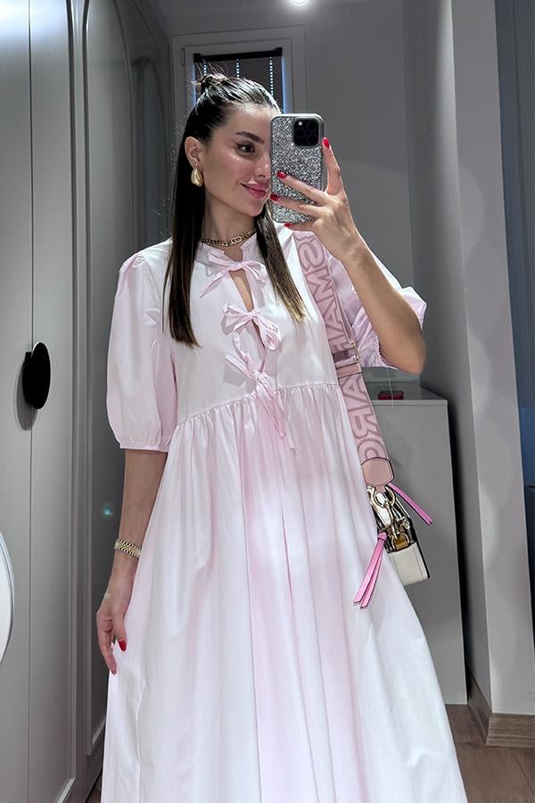 Amina Kurdele Detaylı Toz Pembe Elbise