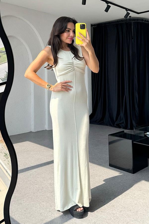 Amory Büzgülü Çımalı Elbise-Krem