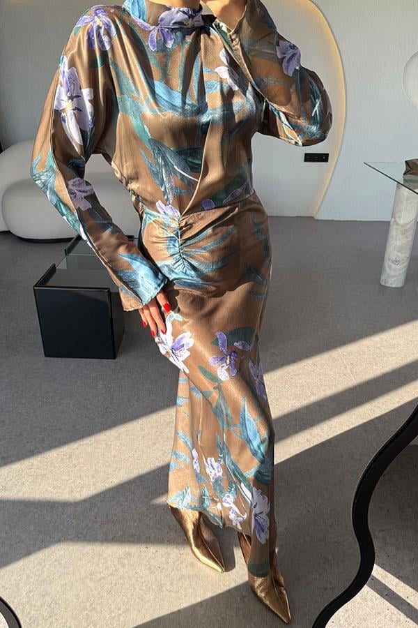 Anastasya Çiçek Desenli Saten Elbise