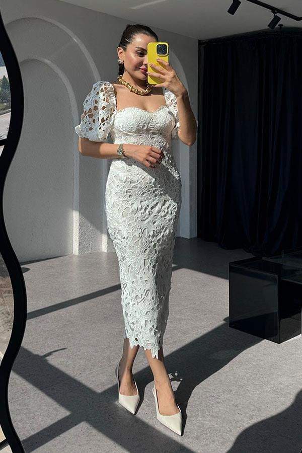 Andressa Kalp Yaka Beyaz Romantik Elbise