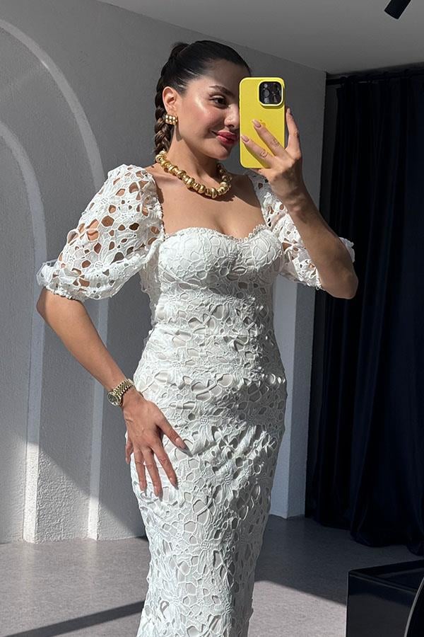 Andressa Kalp Yaka Beyaz Romantik Elbise