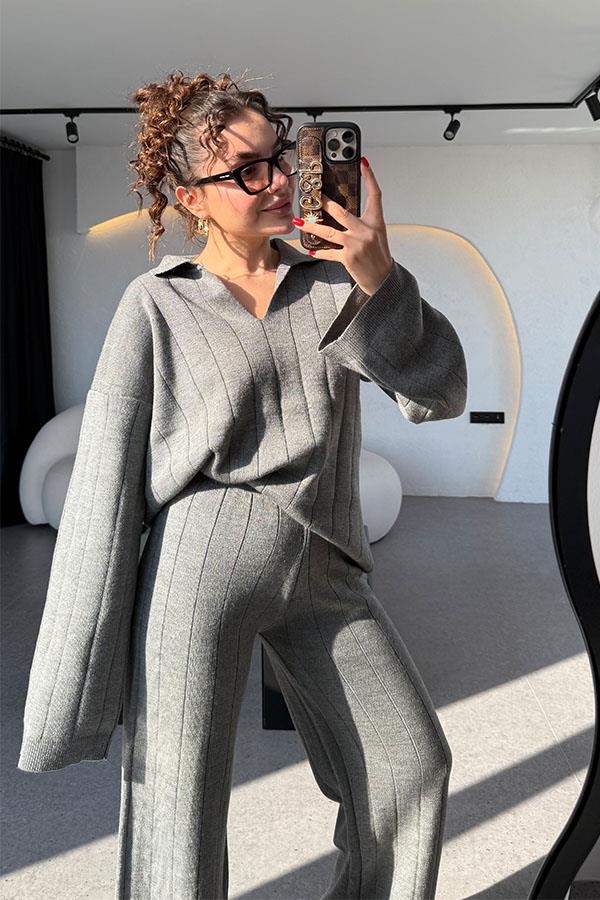 Andrey Füme Polo Yaka Çizgi Detaylı Triko Takım