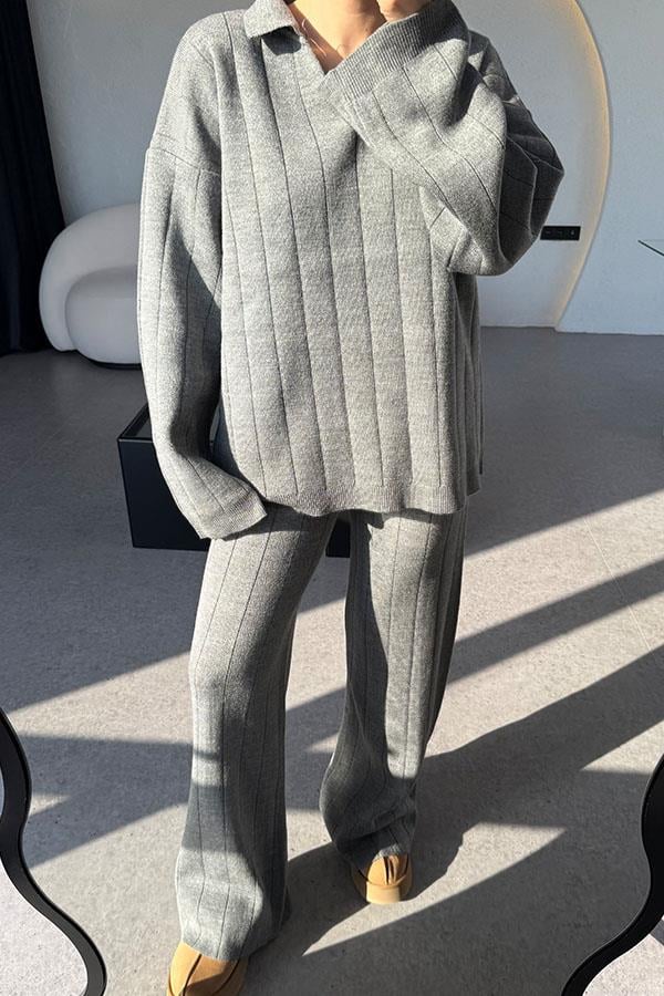 Andrey Füme Polo Yaka Çizgi Detaylı Triko Takım