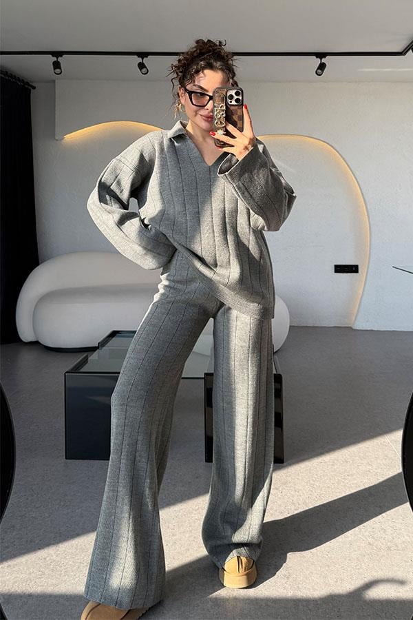 Andrey Füme Polo Yaka Çizgi Detaylı Triko Takım