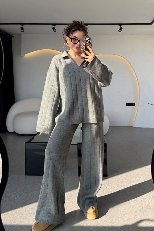 Andrey Füme Polo Yaka Çizgi Detaylı Triko Takım