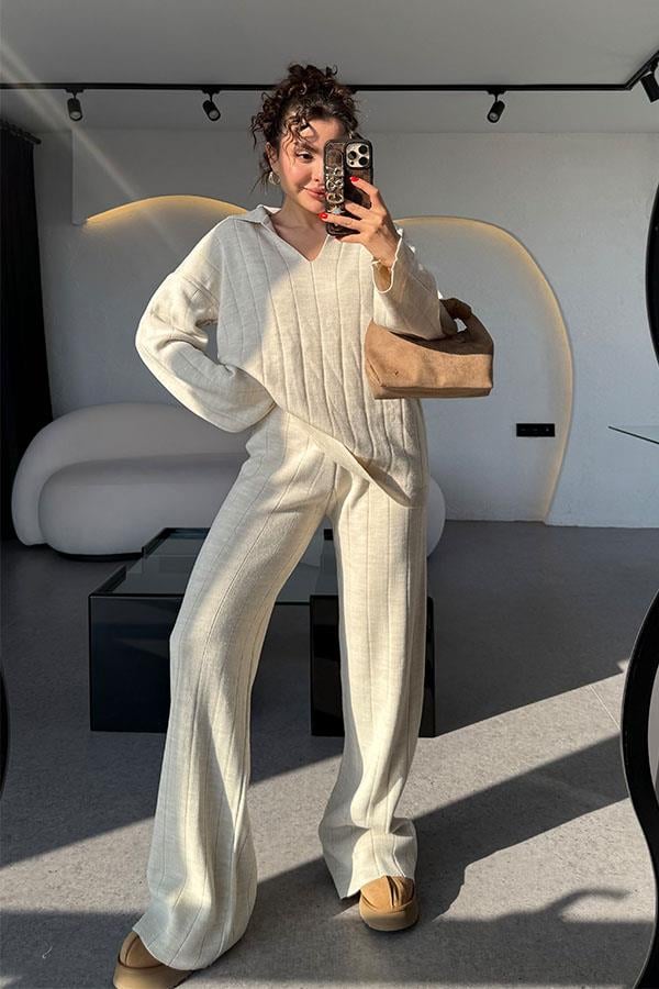 Andrey Krem Polo Yaka Çizgi Detaylı Triko Takım