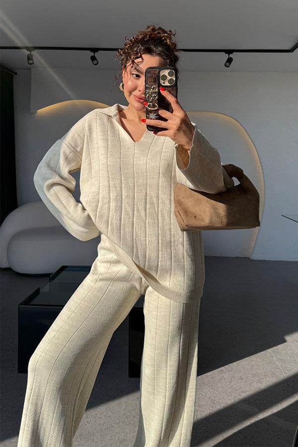 Andrey Krem Polo Yaka Çizgi Detaylı Triko Takım