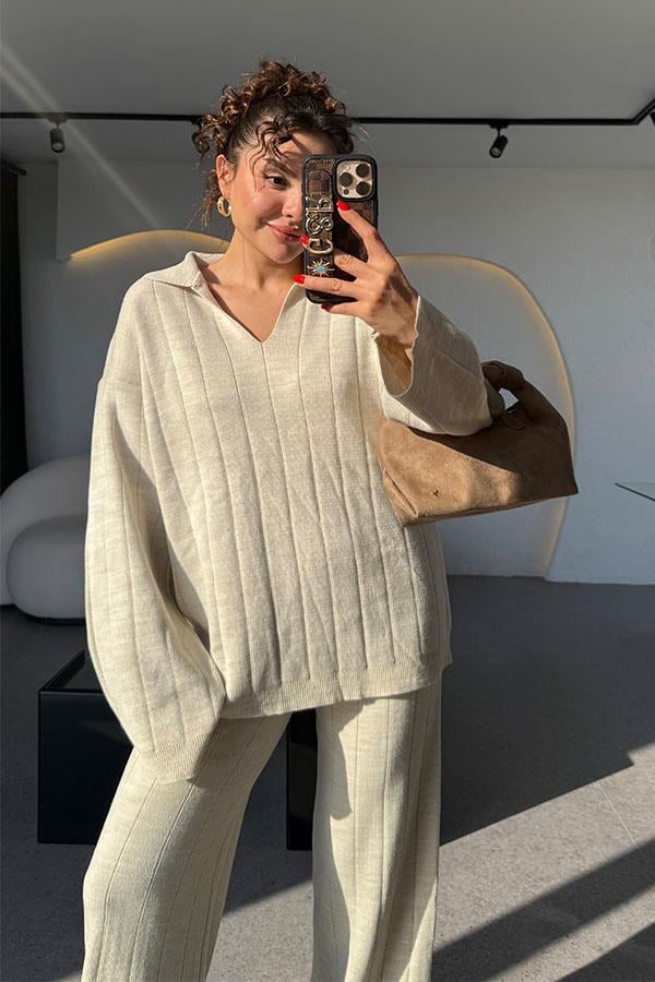 Andrey Krem Polo Yaka Çizgi Detaylı Triko Takım